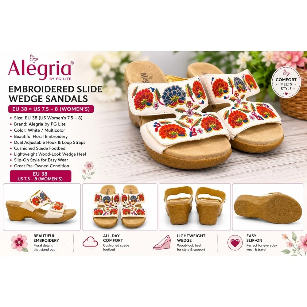 Alegria Embroidered Slide Wedge Sandals White Floral Leather boho festival 7.5